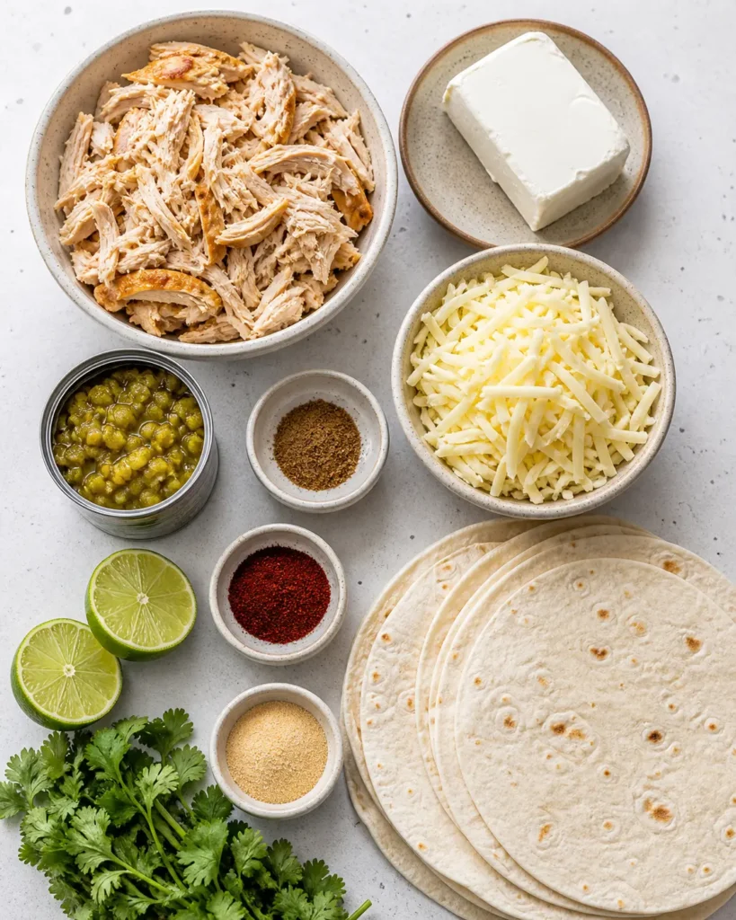 All ingredients needed for homemade chicken flautas recipe including shredded chicken, cream cheese, green chiles, and flour tortillas