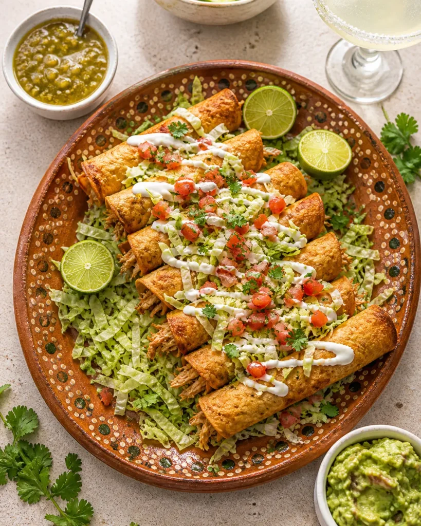 Plate of crispy chicken flautas topped with shredded lettuce, crema, and pico de gallo served with guacamole and salsa