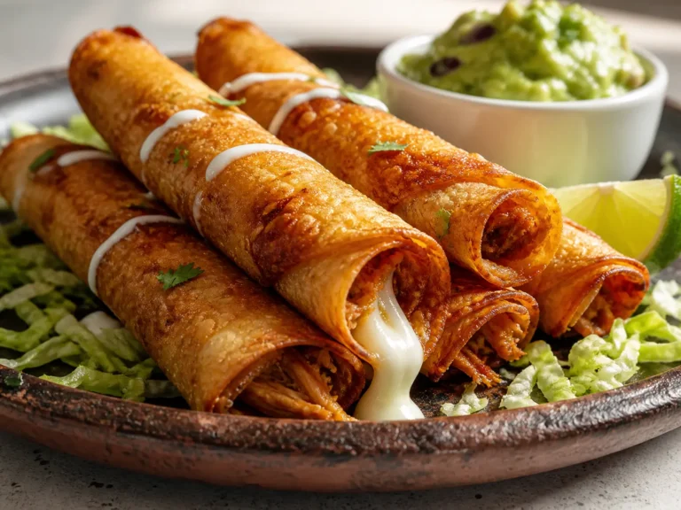 Crispy golden chicken flautas on a clay plate with guacamole, crema, and lime — ready in 30 minutes