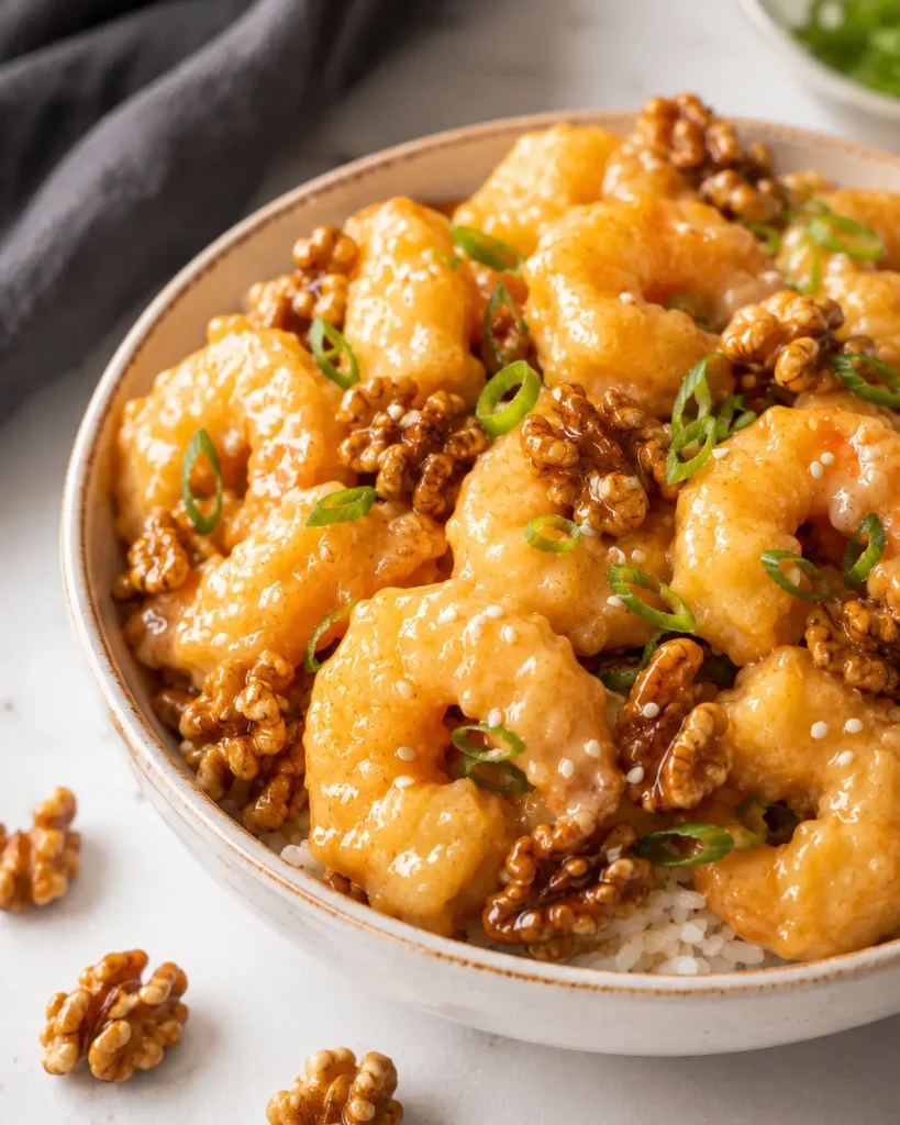 Chinese-style honey walnut shrimp served over jasmine rice with candied walnuts and green onions