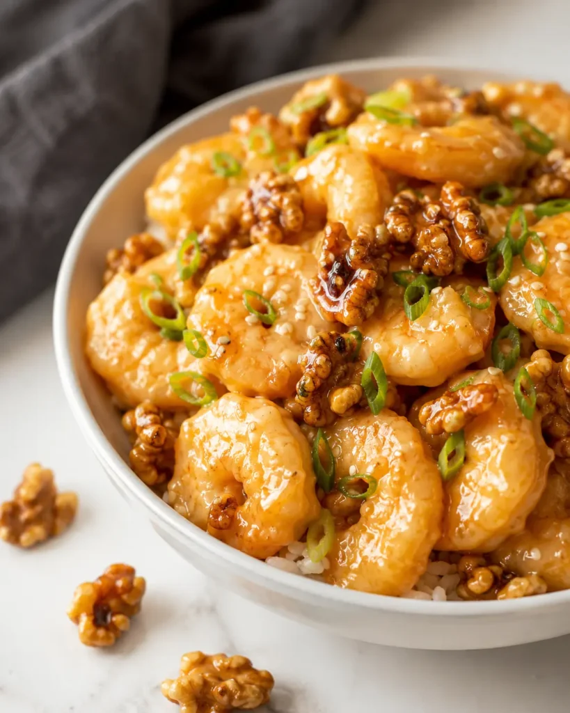 Easy honey walnut shrimp recipe Chinese style served in a white bowl with walnuts and onions