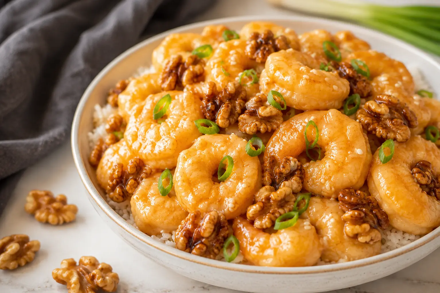 Easy honey walnut shrimp recipe Chinese style served in a white bowl with candied walnuts and green onions