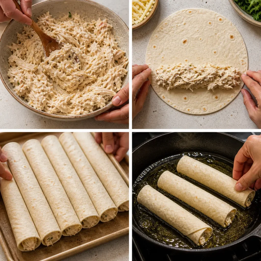 Step-by-step process photos showing how to make chicken flautas — mixing filling, rolling tortillas, and frying in a cast iron skillet