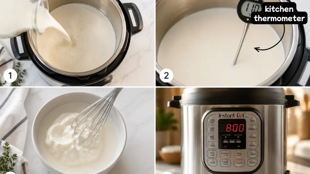 Step-by-step process of how to make yogurt in instant pot: heating milk, checking temperature, adding starter, and incubating