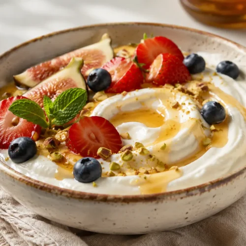 Close-up of thick creamy homemade instant pot Greek yogurt in a ceramic bowl topped with honey, fresh berries, and pistachios
