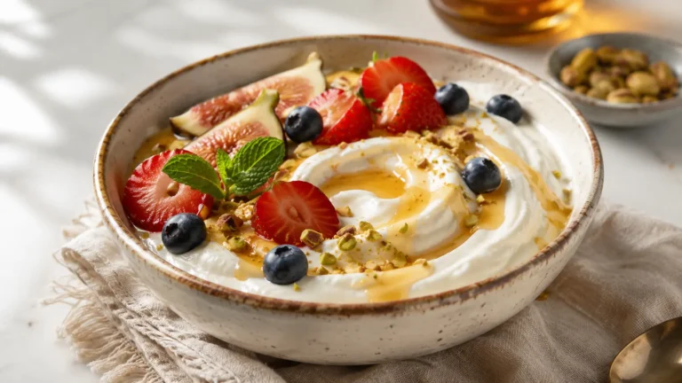 Close-up of thick creamy homemade instant pot Greek yogurt in a ceramic bowl topped with honey, fresh berries, and pistachios