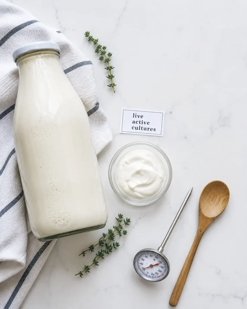 Two ingredients needed for instant pot yogurt recipe: whole milk and plain yogurt starter with live active cultures