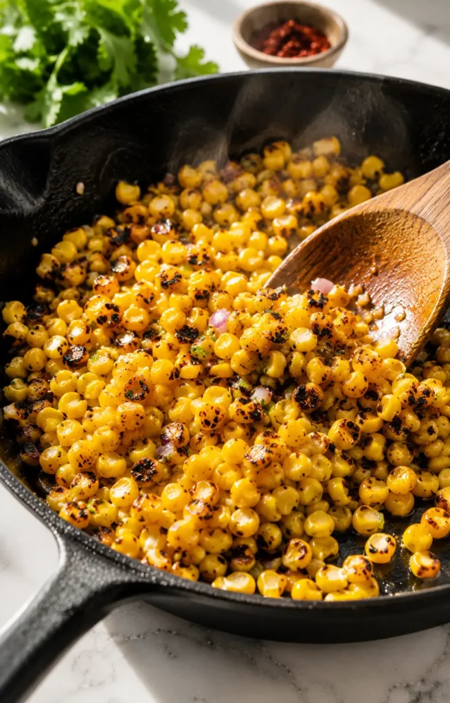 Corn kernels charring in a skillet for Mexican street corn salad
