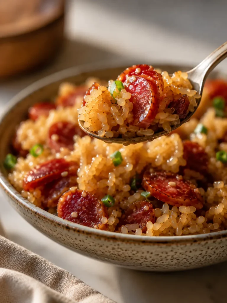 Close-up spoonful of Chinese sticky rice recipe with sausage