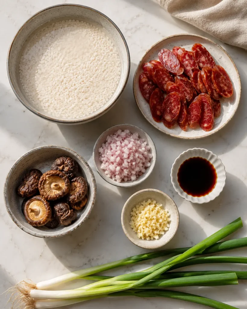 Ingredients for Chinese sweet rice recipe including sausage and glutinous rice