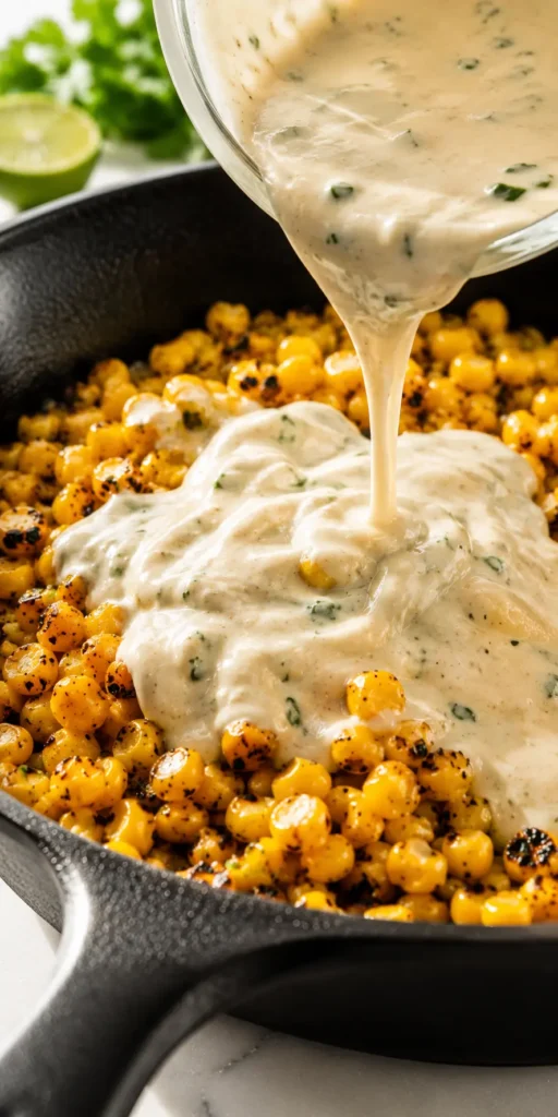 Creamy lime dressing being poured over charred corn for esquites salad