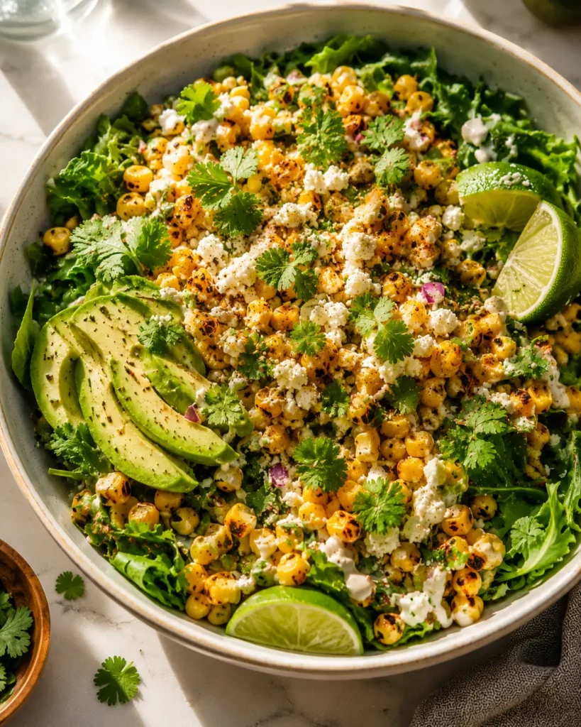 Easy esquites recipe with greens, cotija cheese, and avocado on a plate