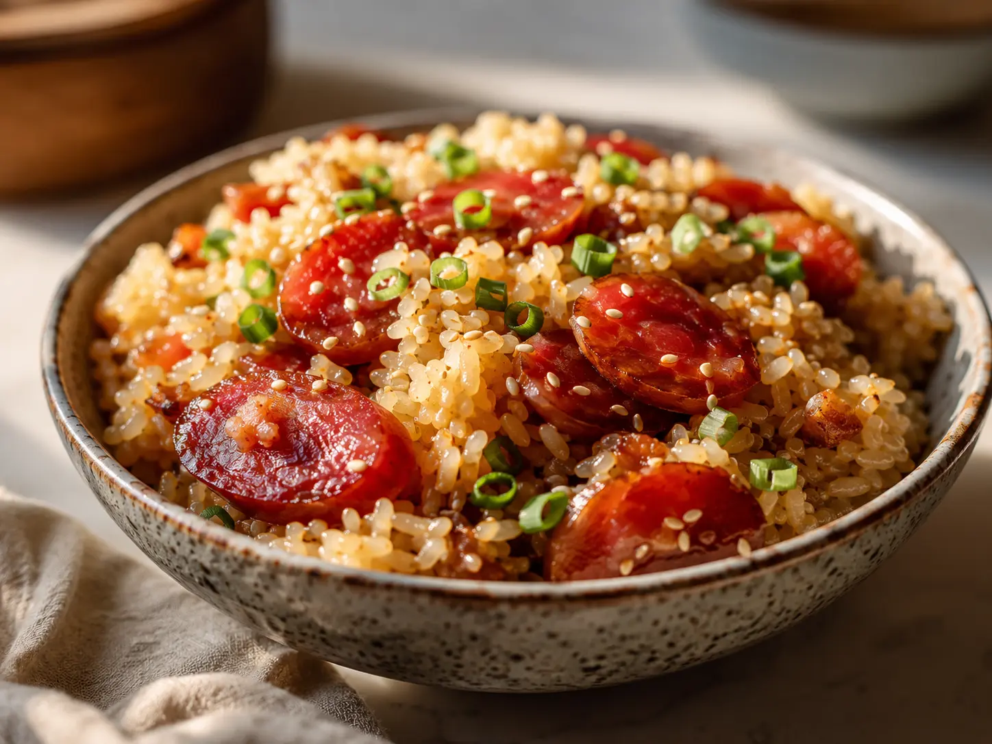 Easy sweet rice dessert with Chinese sausage recipe served in a bowl