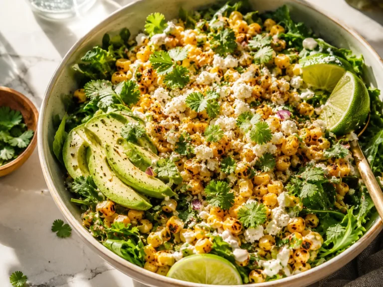 Esquites salad with greens recipe in a bowl with charred corn, cotija, and avocado