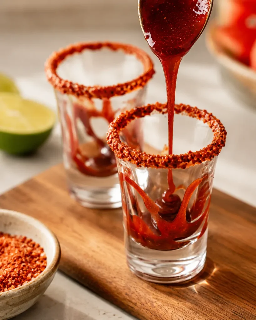 Drizzling chamoy sauce into a Tajín-rimmed shot glass to make a Mexican candy shot recipe