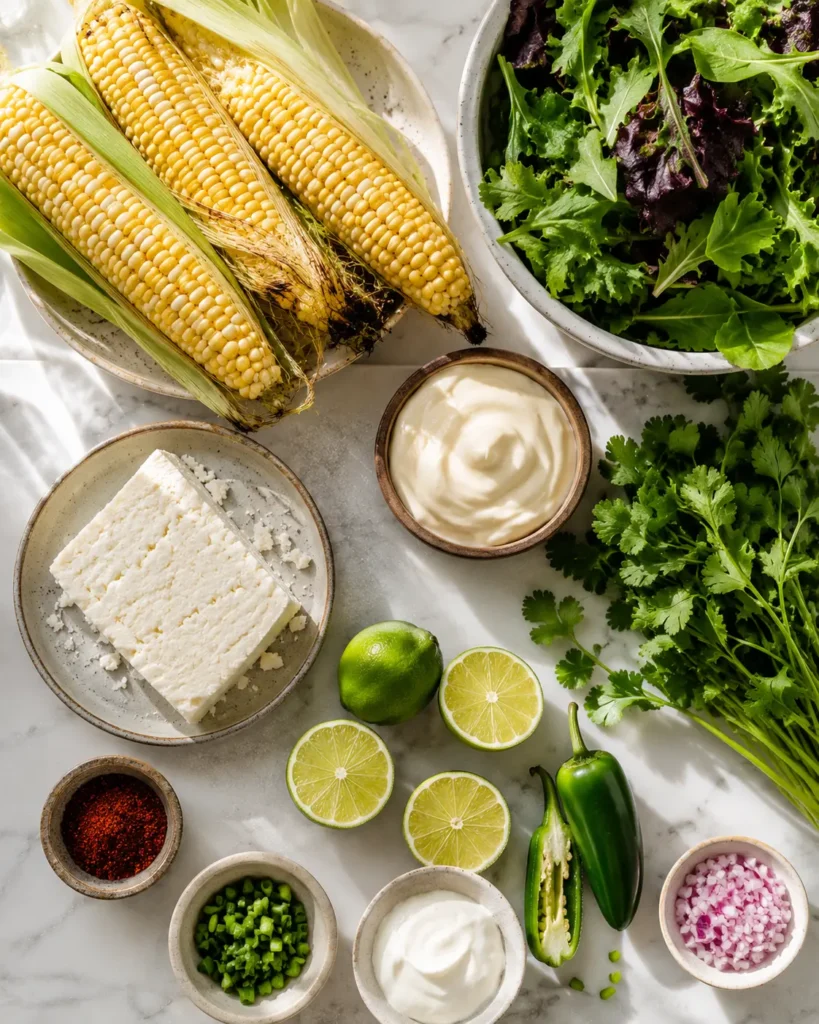 Fresh ingredients for esquites salad with greens including corn, cotija, lime, and jalapeño
