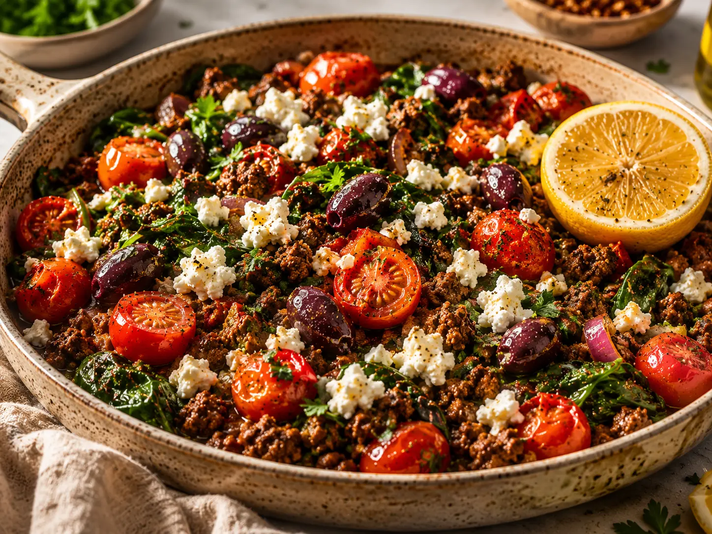 Mediterranean ground beef stir fry with blistered tomatoes, spinach, olives and feta in a rustic skillet