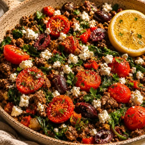 Overhead view of Mediterranean ground beef stir fry in a cast iron skillet garnished with feta and parsley