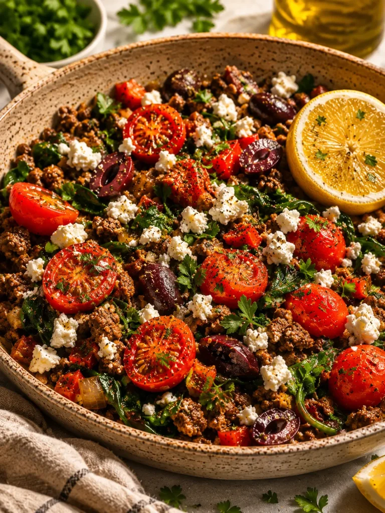 Overhead view of Mediterranean ground beef stir fry in a cast iron skillet garnished with feta and parsley