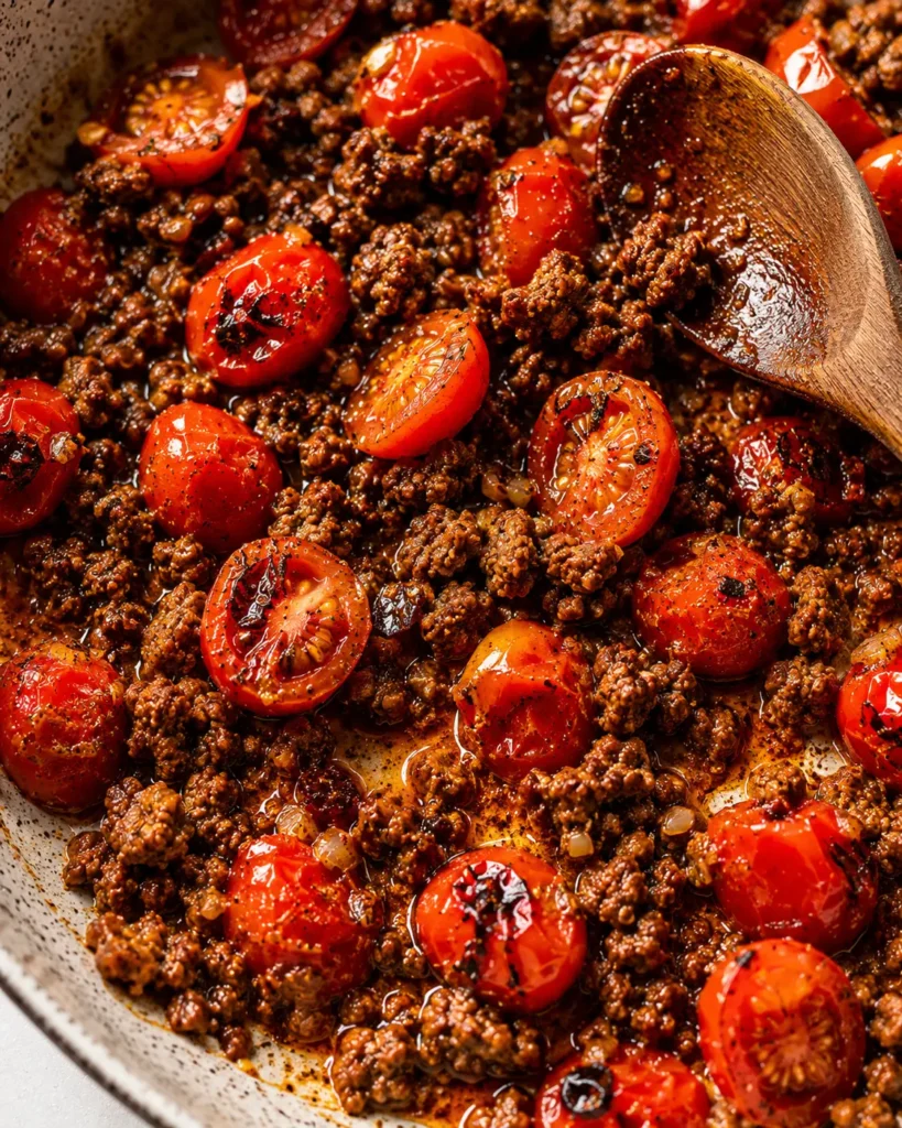 Cherry tomatoes blistering and releasing juices in a skillet with Mediterranean spiced ground beef