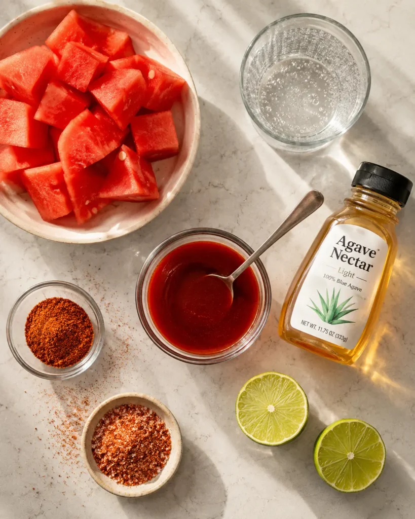 Ingredients for Mexican candy shot recipe including watermelon, chamoy, Tajín, lime, hot sauce, and agave