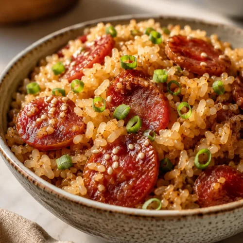 sweet rice dessert with Chinese sausage recipe served in a bowl