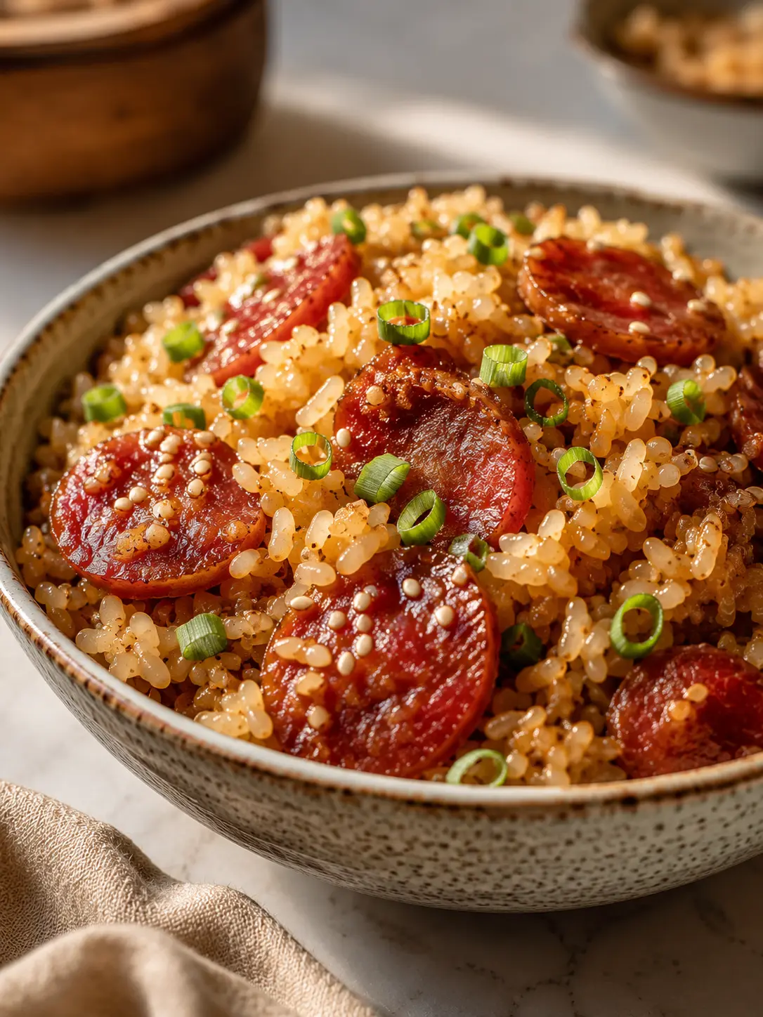 sweet rice dessert with Chinese sausage recipe served in a bowl