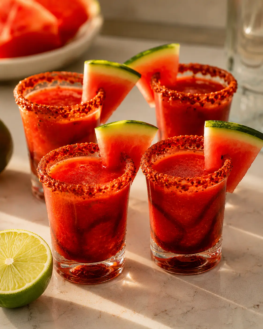 Four Virgin Mexican candy shots with Tajín rim, chamoy layer, and watermelon garnish, served on a dark surface
