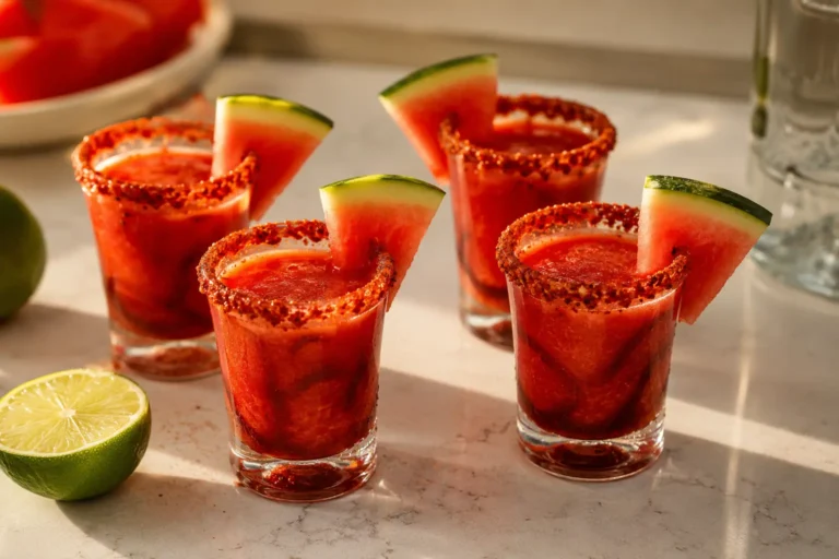 Virgin Mexican candy shot recipe served in shot glasses with Tajín rim, chamoy, and watermelon garnish