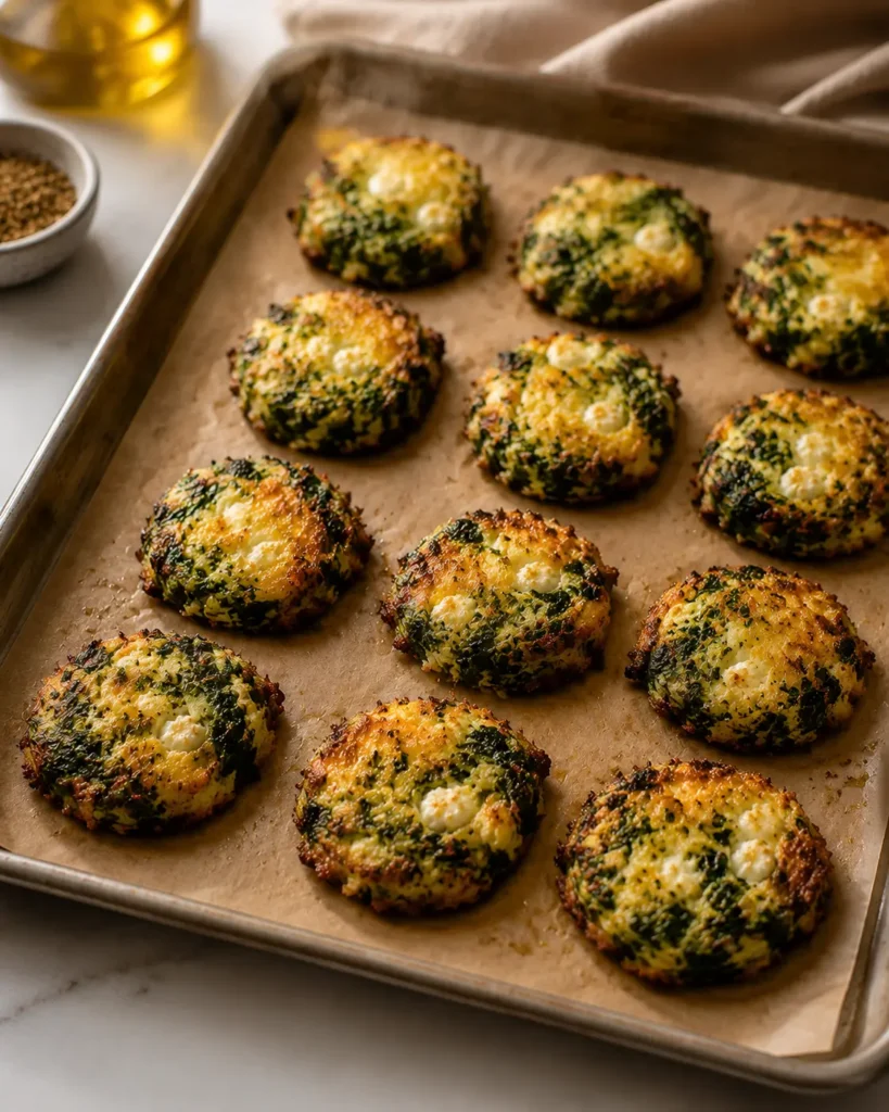Freshly baked golden Mediterranean spinach and feta crisps on a baking sheet