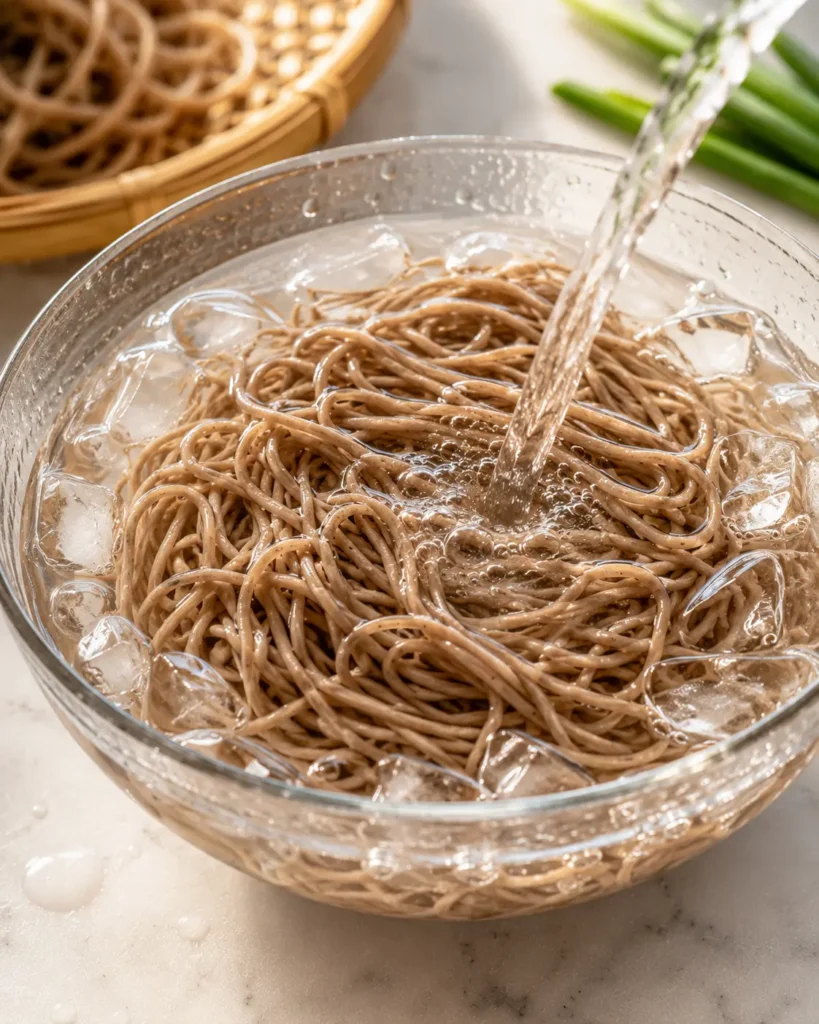 Rinsing cooked soba noodles in an ice water bath for cold soba noodles
