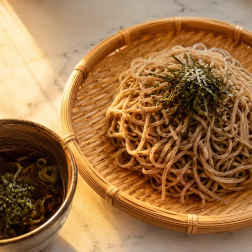 Close-up of authentic cold soba noodles on a bamboo tray with dipping sauce