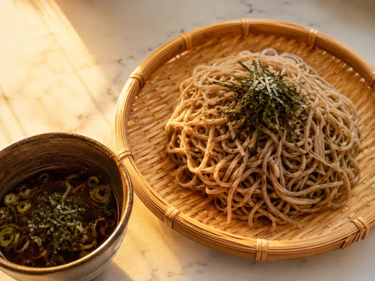 Close-up of authentic cold soba noodles on a bamboo tray with dipping sauce