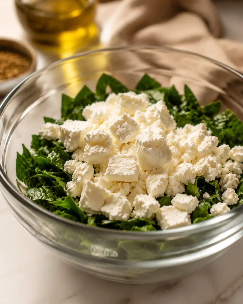 Hands crumbling feta cheese into a mixing bowl for spinach and feta crisps