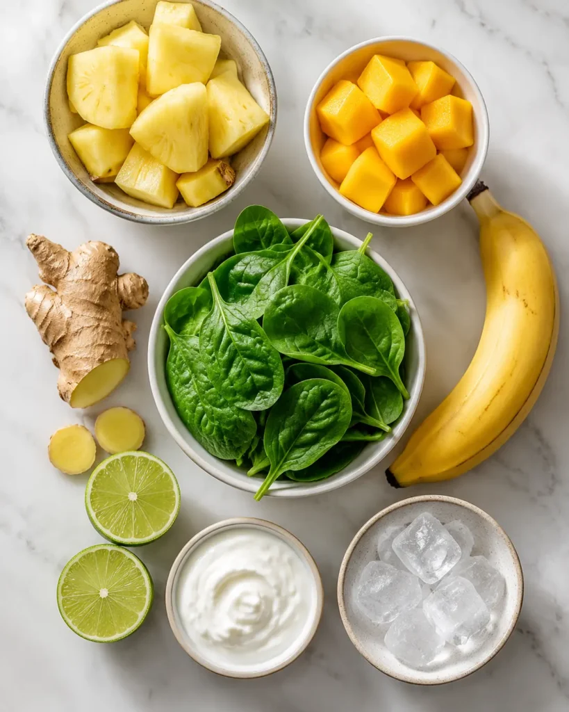 Fresh ingredients for detox island green smoothie including pineapple, mango, spinach, and ginger