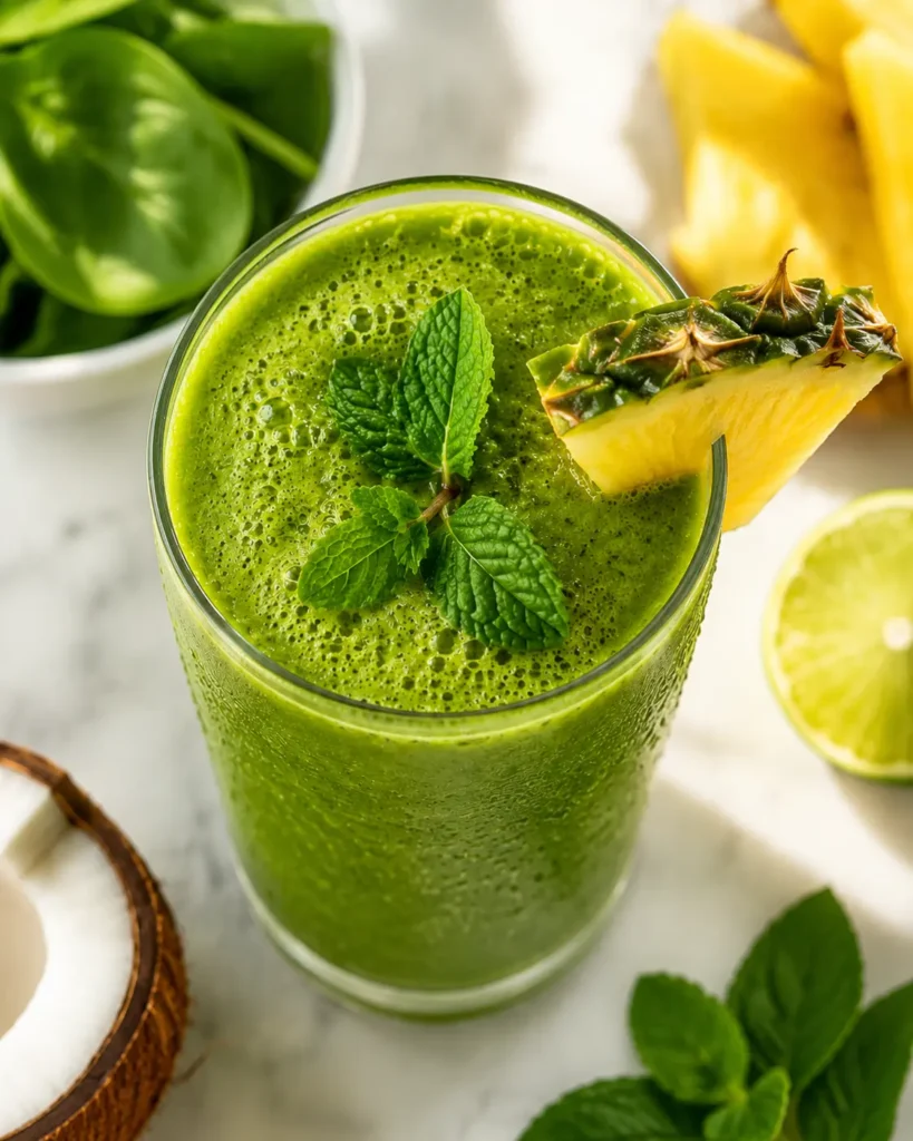 Green detox smoothie poured into a glass