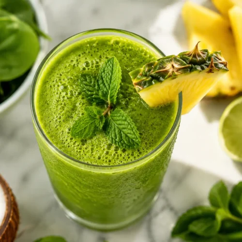 Close-up of a Hawaiian detox island green smoothie garnished with mint and pineapple