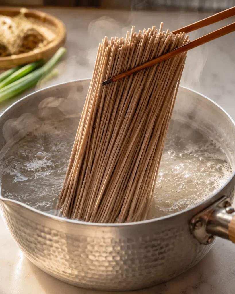 Soba noodles cooking in boiling water on the stove
