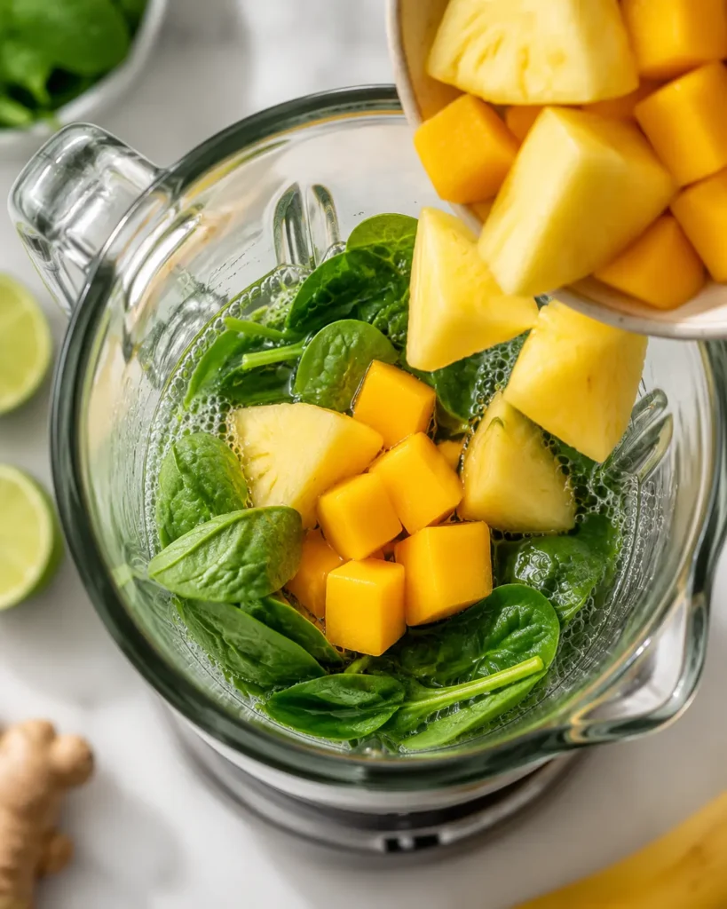 Pineapple and mango being blended into island green smoothie