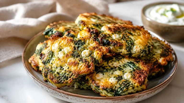 Close-up of crispy Mediterranean spinach and feta crisps stacked on a rustic plate