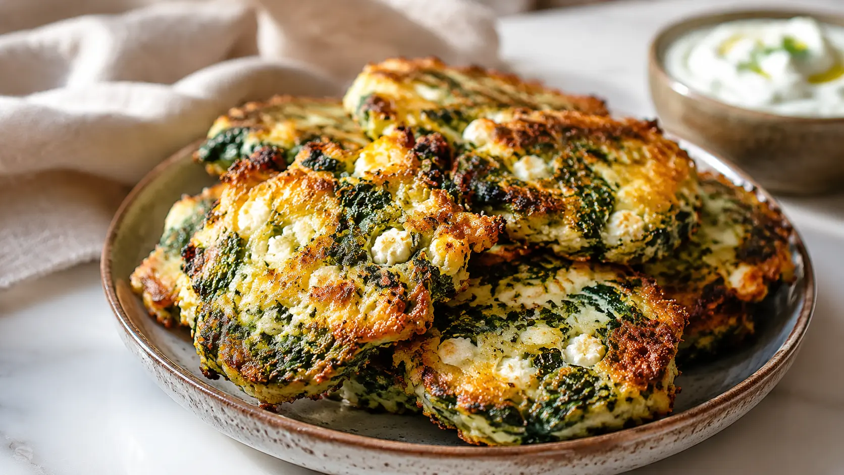 Close-up of crispy Mediterranean spinach and feta crisps stacked on a rustic plate