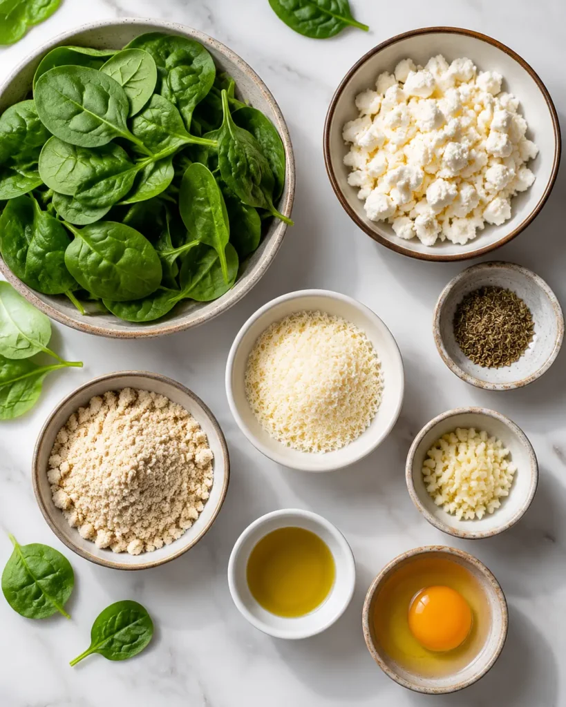 Overhead flat lay of ingredients for Mediterranean spinach and feta crisps recipe