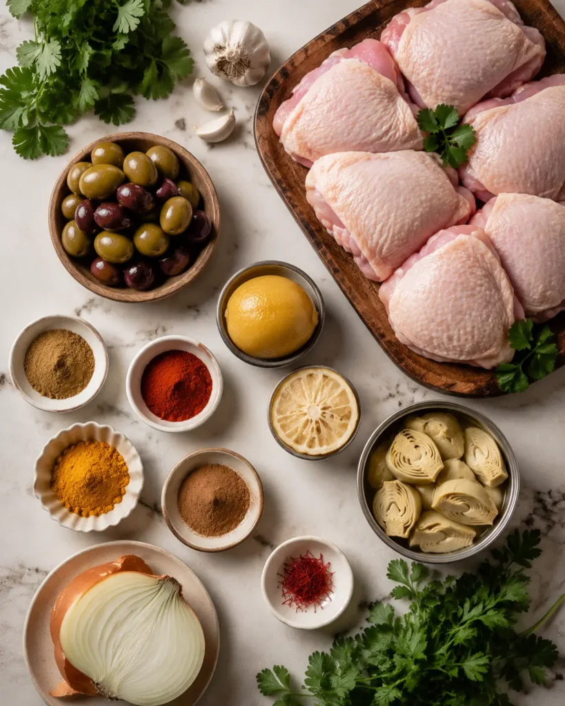 Ingredients for Moroccan chicken tagine including preserved lemon, olives, and spices