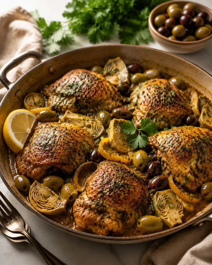 Finished Moroccan chicken tagine with olives and preserved lemon garnished with herbs