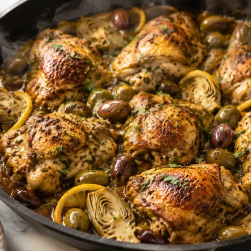 Close-up of Moroccan Mediterranean lemon chicken with artichokes and olives in a cast iron skillet