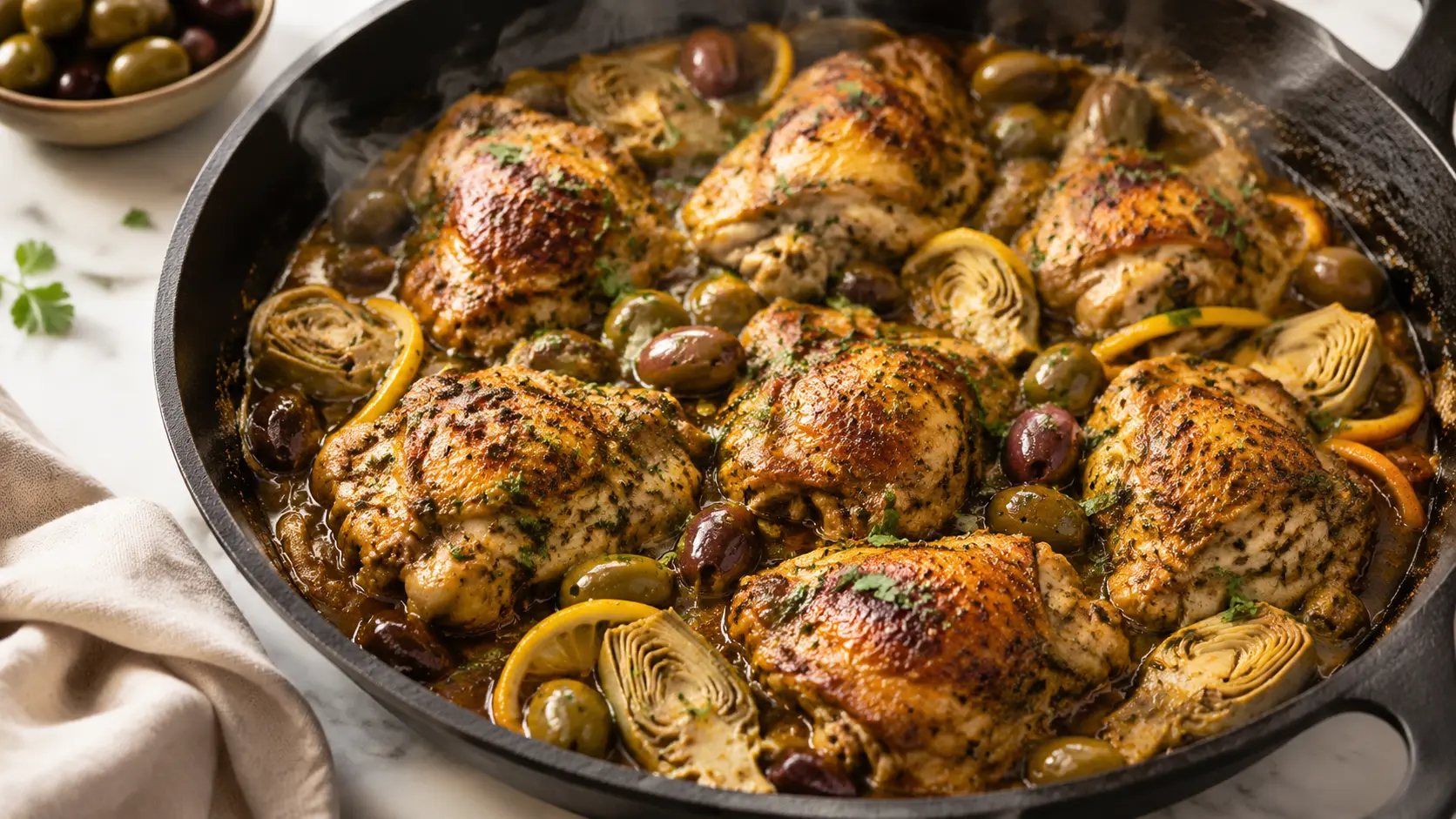 Close-up of Moroccan Mediterranean lemon chicken with artichokes and olives in a cast iron skillet