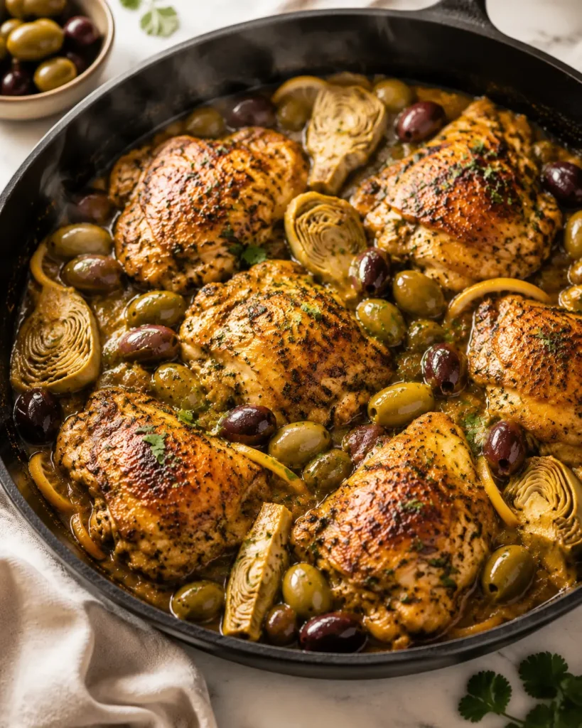 Moroccan Mediterranean lemon chicken with artichokes and olives in a cast iron skillet