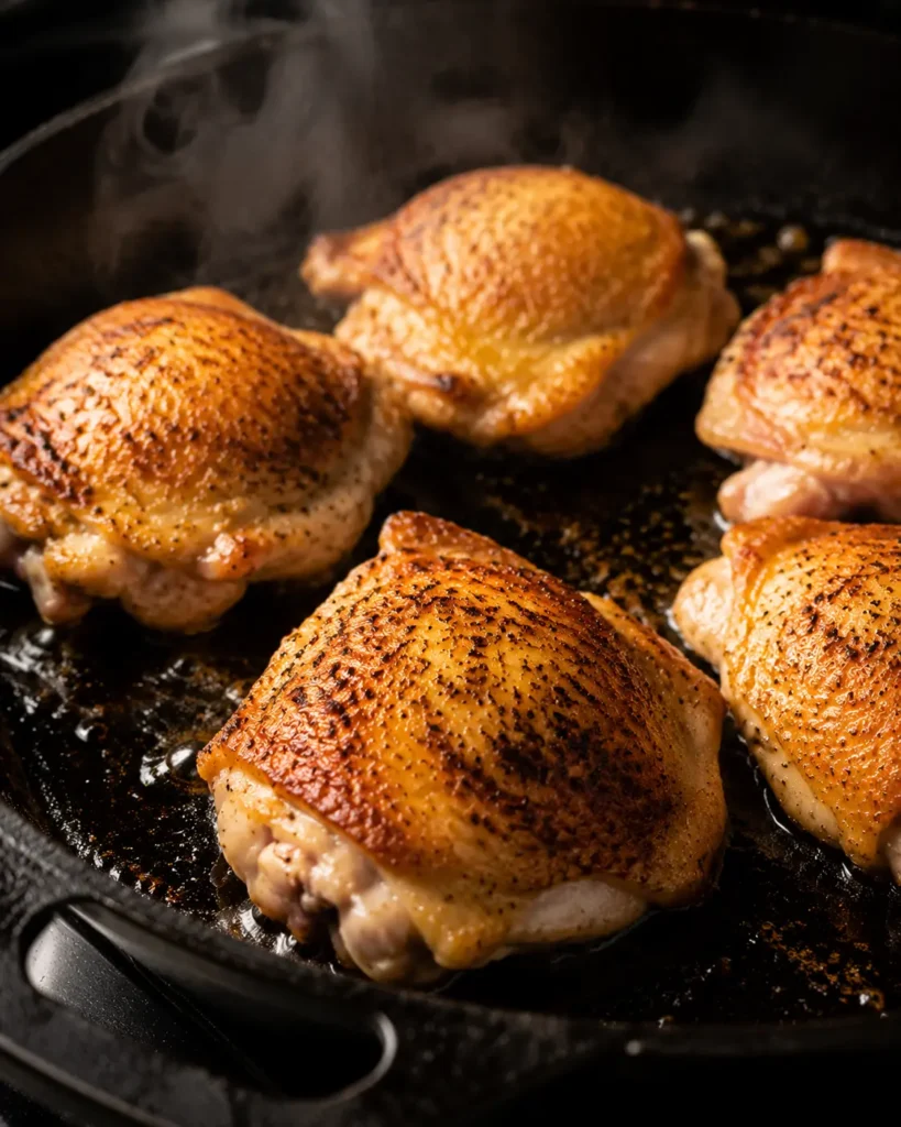 Searing chicken thighs skin-side down for Moroccan chicken tagine recipe