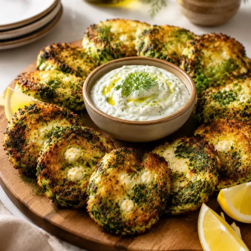 Mediterranean spinach and feta crisps served with tzatziki dip on a wooden board