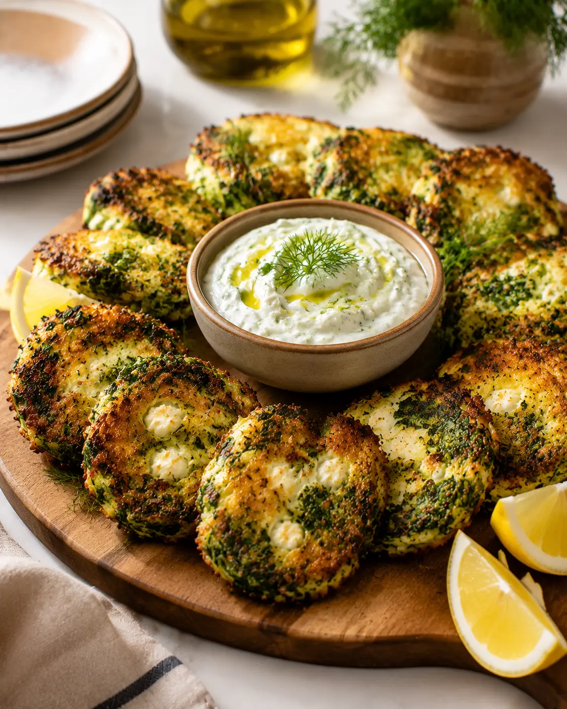Mediterranean spinach and feta crisps served with tzatziki dip on a wooden board